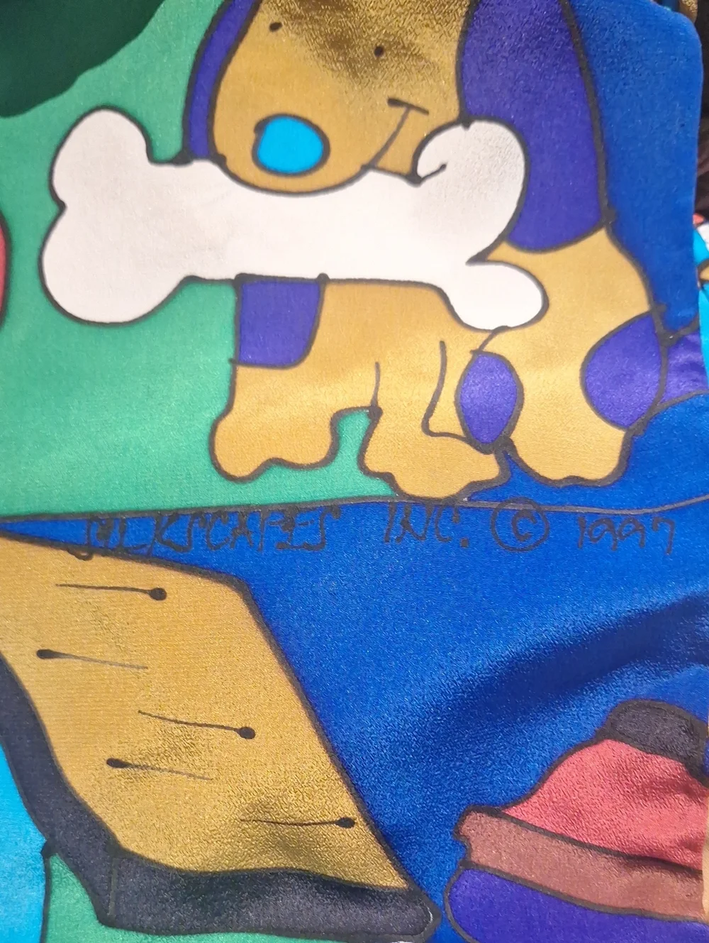 Silkscapes Inc. 1997 Colorful Blue Hand Painted Dog-Themed Pet Silk